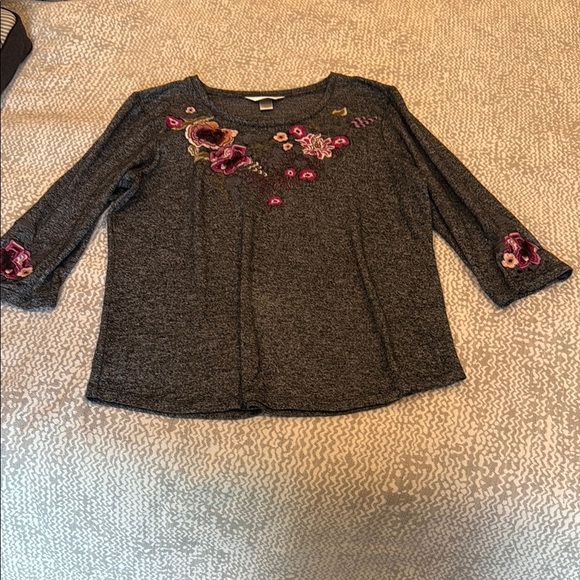 Christopher & Banks Gray and Pink Long Sleeve Tee with Floral Embroidery - Picture 1 of 2
